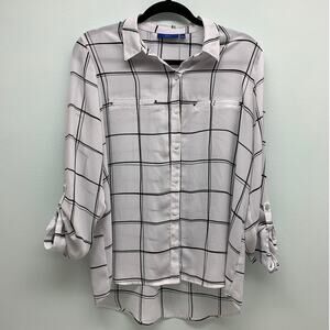 Apt. 9 Womens Large Blouse Black/White Check Button Up 3/4 Roll Sleeve Sheer